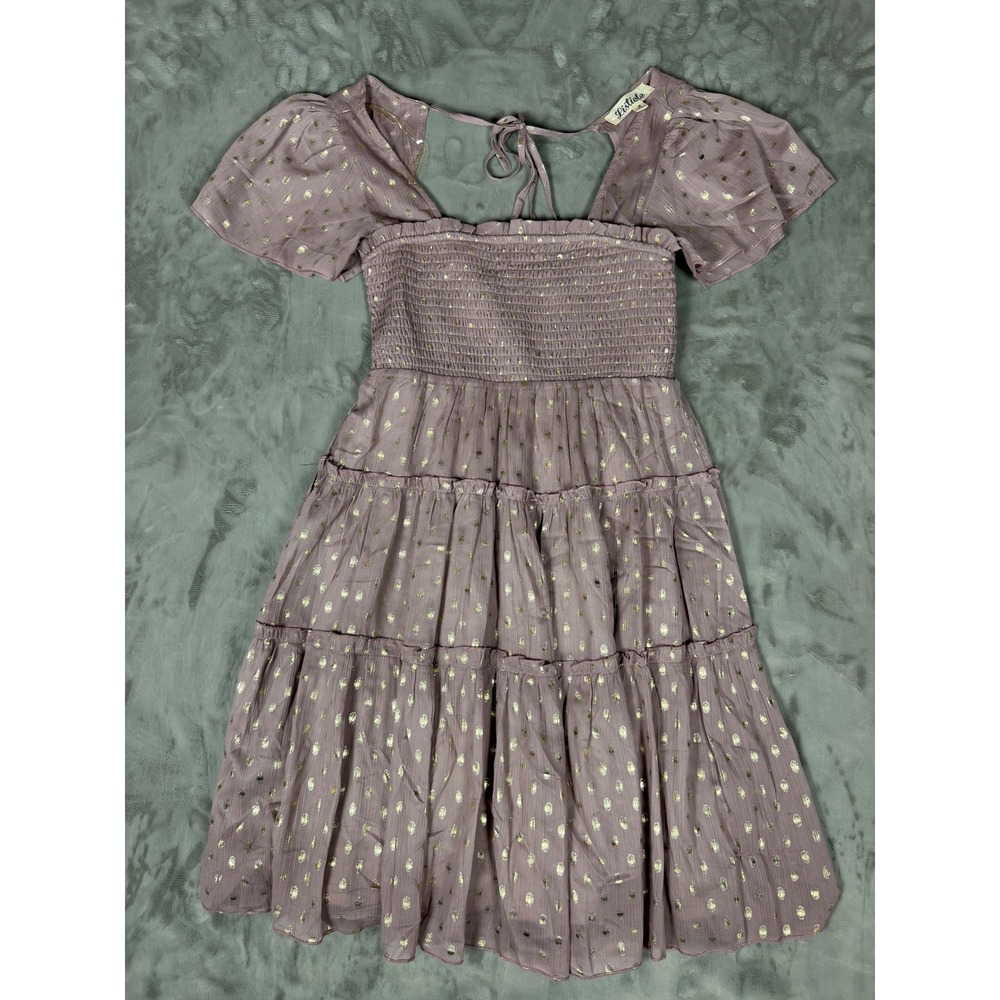 Listicle Mauve Gold Foil Polka Dot Smocked Tiered Mini Dress Small Open Back